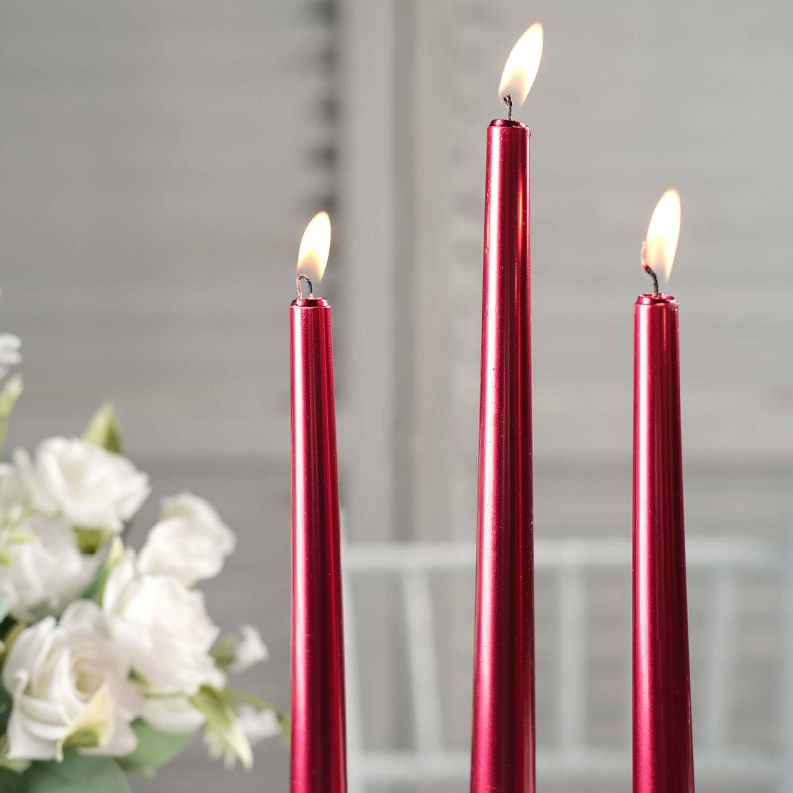 12-Pack Taper Candles Premium Wax Design Metallic Red - Unscented Candles for Upscale Settings 10"