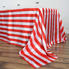 Satin 90"x132" Rectangle Tablecloth Red/White - Stripe Design with Seamless Silky Smooth Finish Table Cover