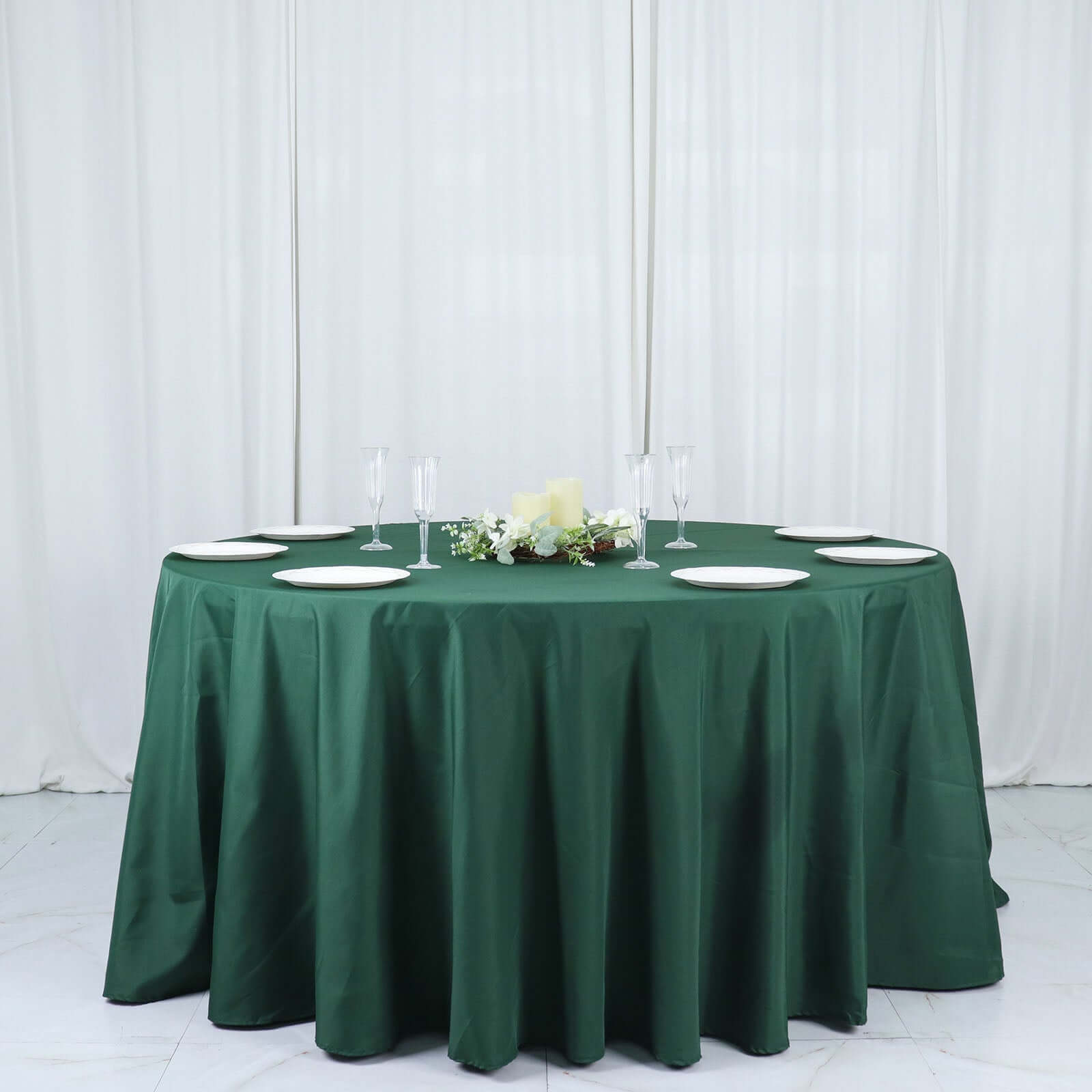 Polyester 132" Round Tablecloth Hunter Emerald Green - Seamless Chic Table Cover