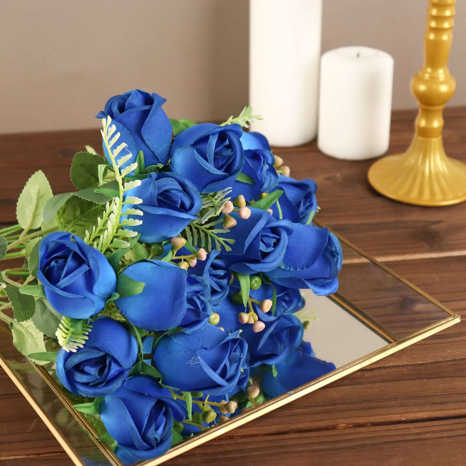 3 Pack 13" Royal Blue Real Touch Silk Rose Bud Flower Bridal Bouquets, Artificial Floral Bush Arrangements