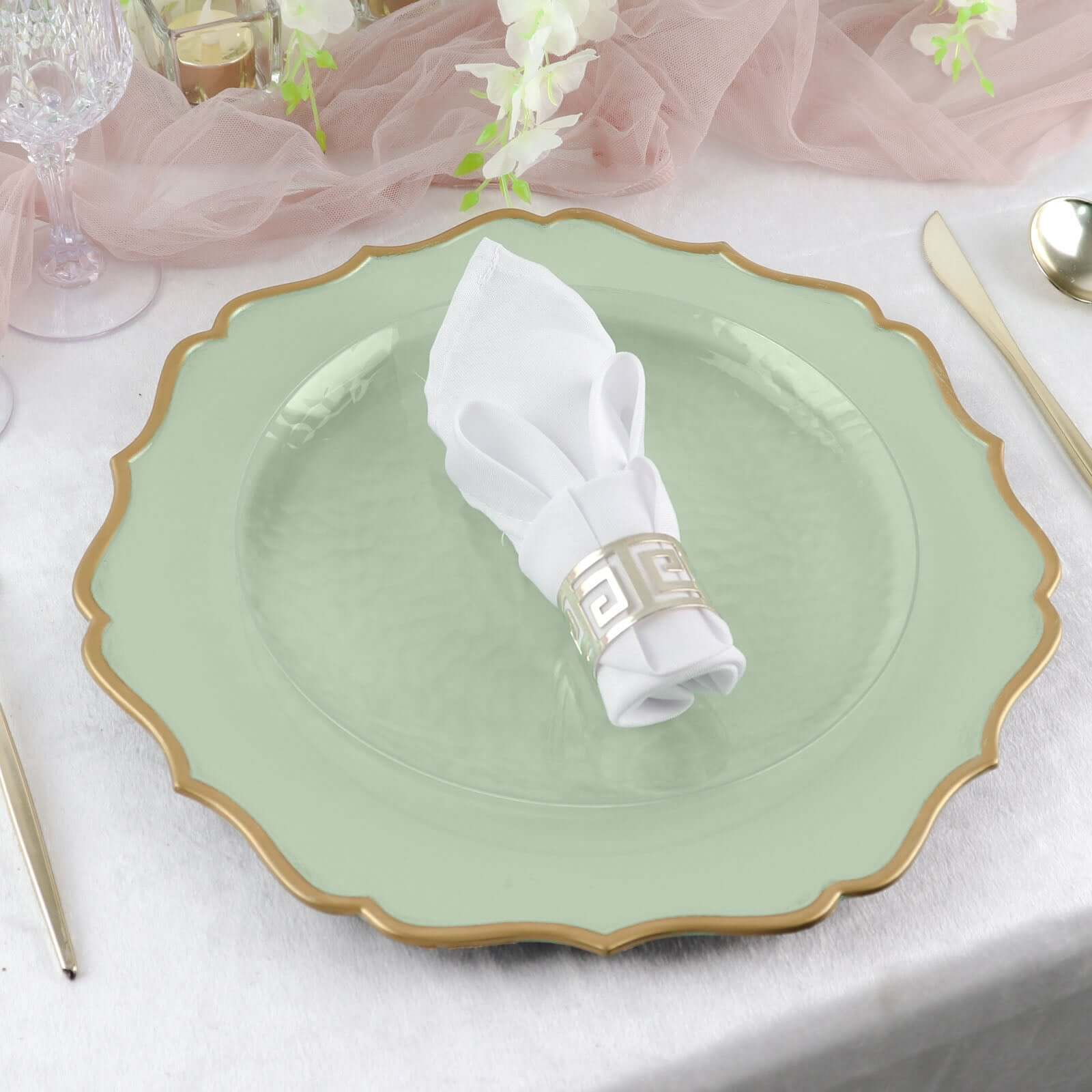 6-Pack Acrylic Round Charger Plates 13" in Sage Sage Green with Gold Scalloped Rim, Decorative Dinner Party Plastic Charger Tableware
