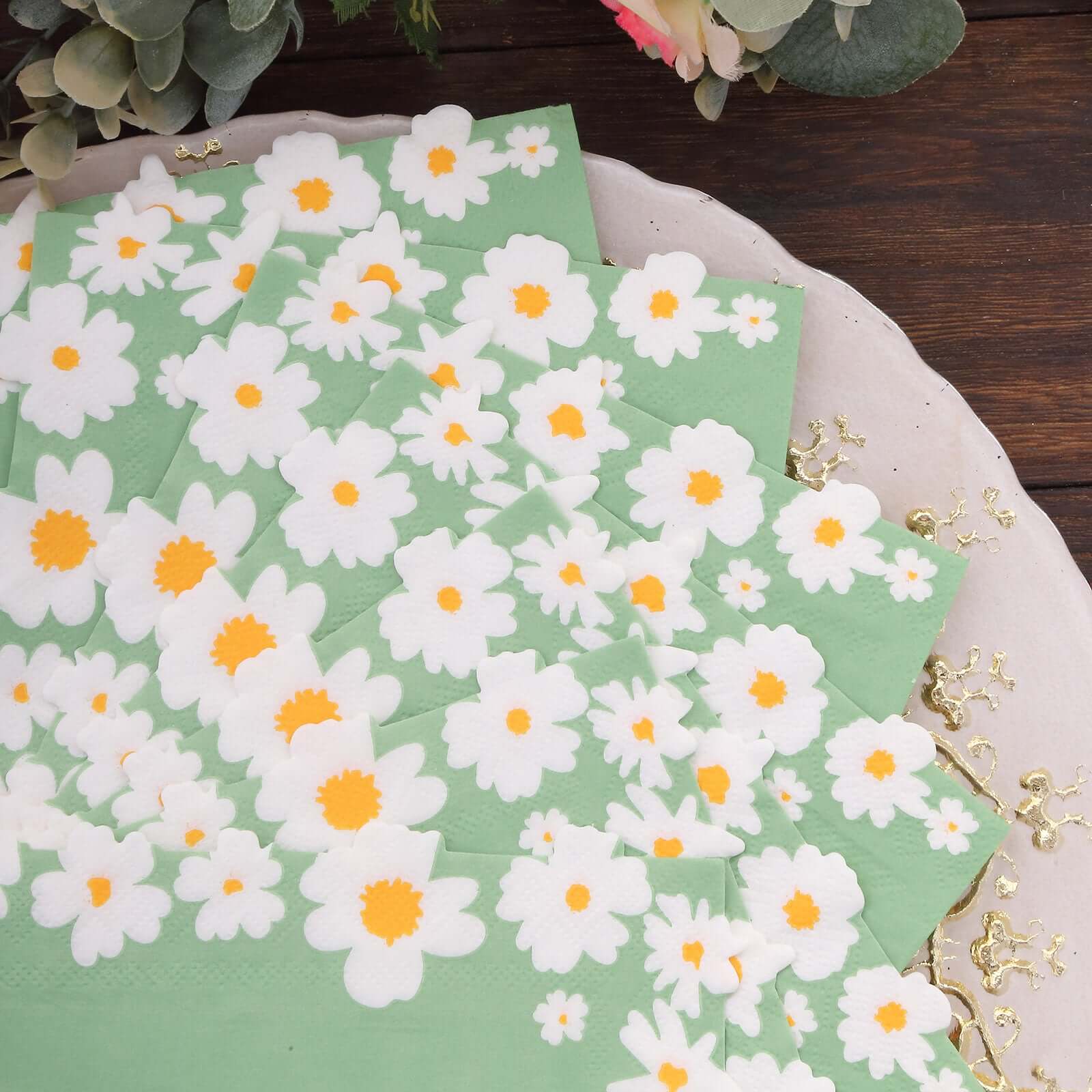 50-Pack Paper Beverage Napkins with Daisy Flower Design Sage Green - 2 Ply Soft 18GSM Floral Wedding Napkins 6.5"x6.5"