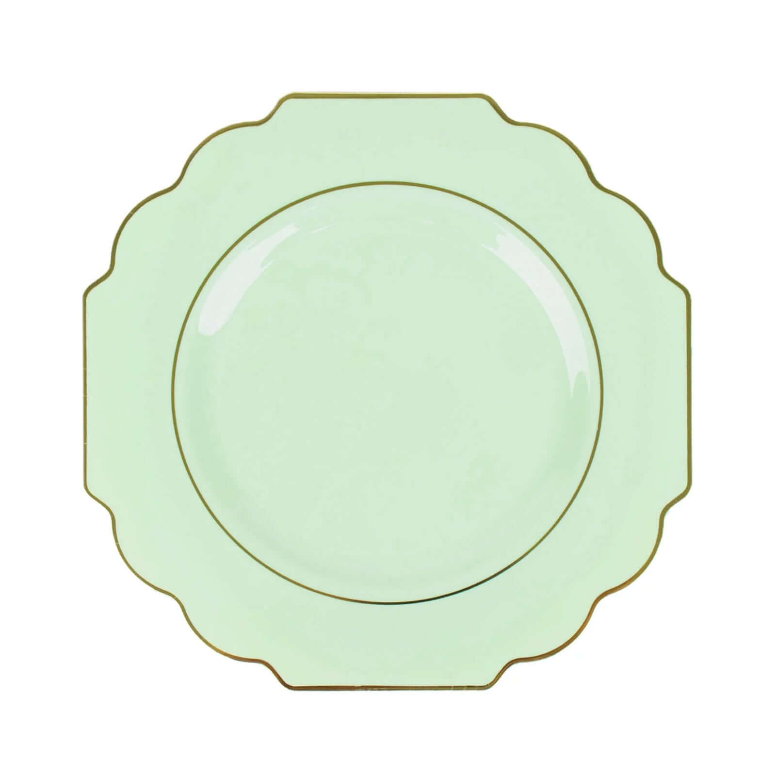 10-Pack Plastic Dinner Plates in Sage Green Baroque Design with Scalloped Gold Rim - Heavy Duty Disposable Party Plates 11"