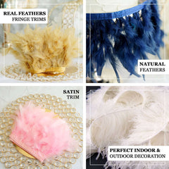 39" Gold Real Turkey Feather Fringe Trim With Satin Ribbon Tape