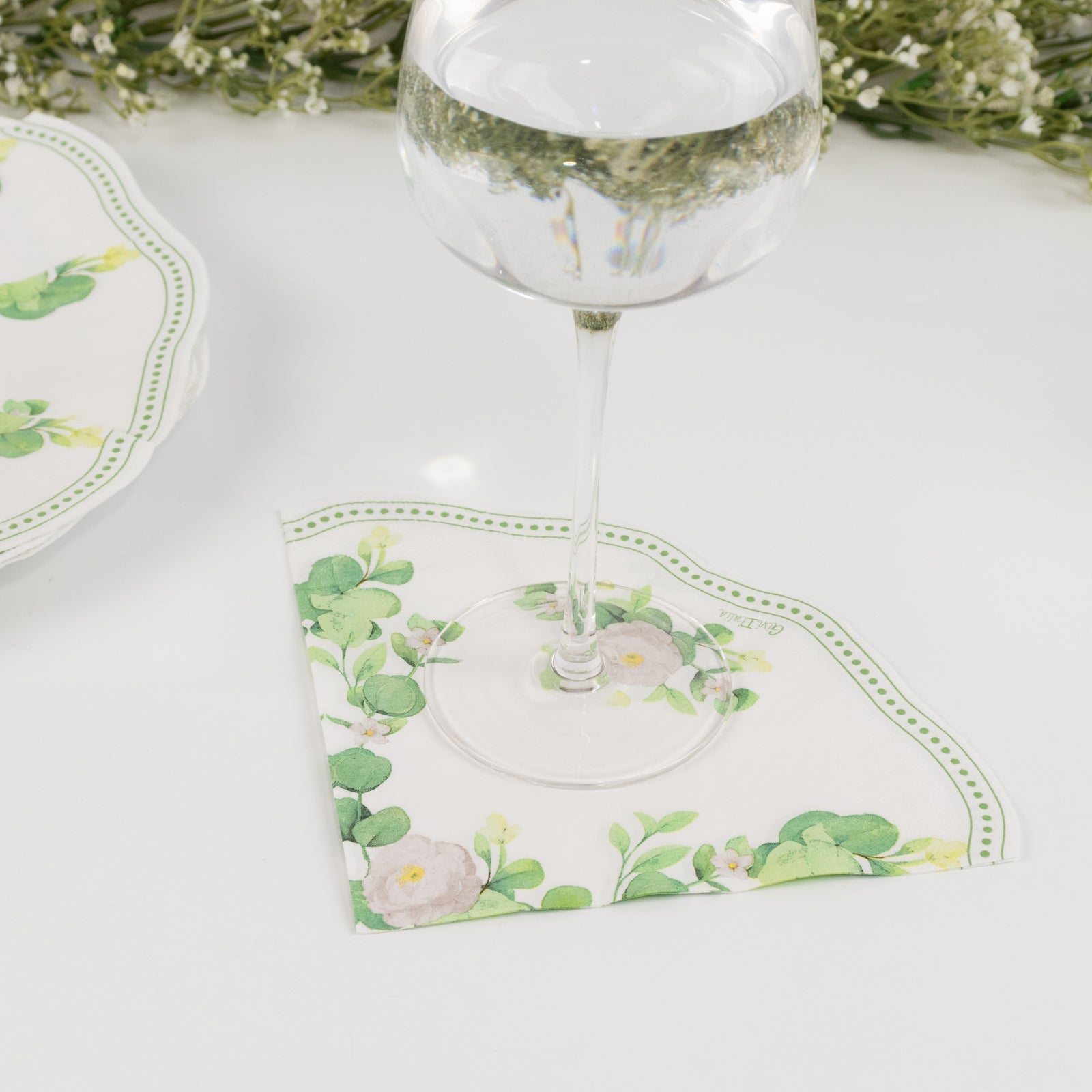 25-Pack Round Paper Cocktail Napkins with Floral Greenery and Scalloped Edge White - Disposable 2 Ply Beverage Napkins 12"