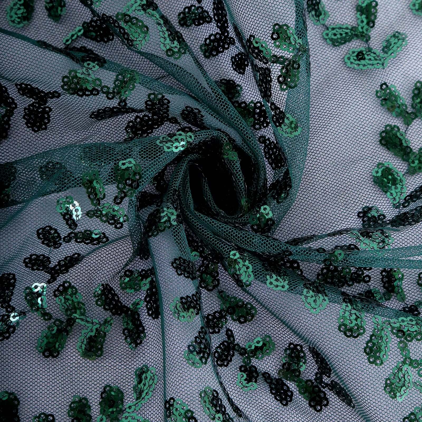 Tulle 72"x72" Table Overlay Square Tablecloth Hunter Emerald Green - Sequin Leaf Embroidered Table Topper