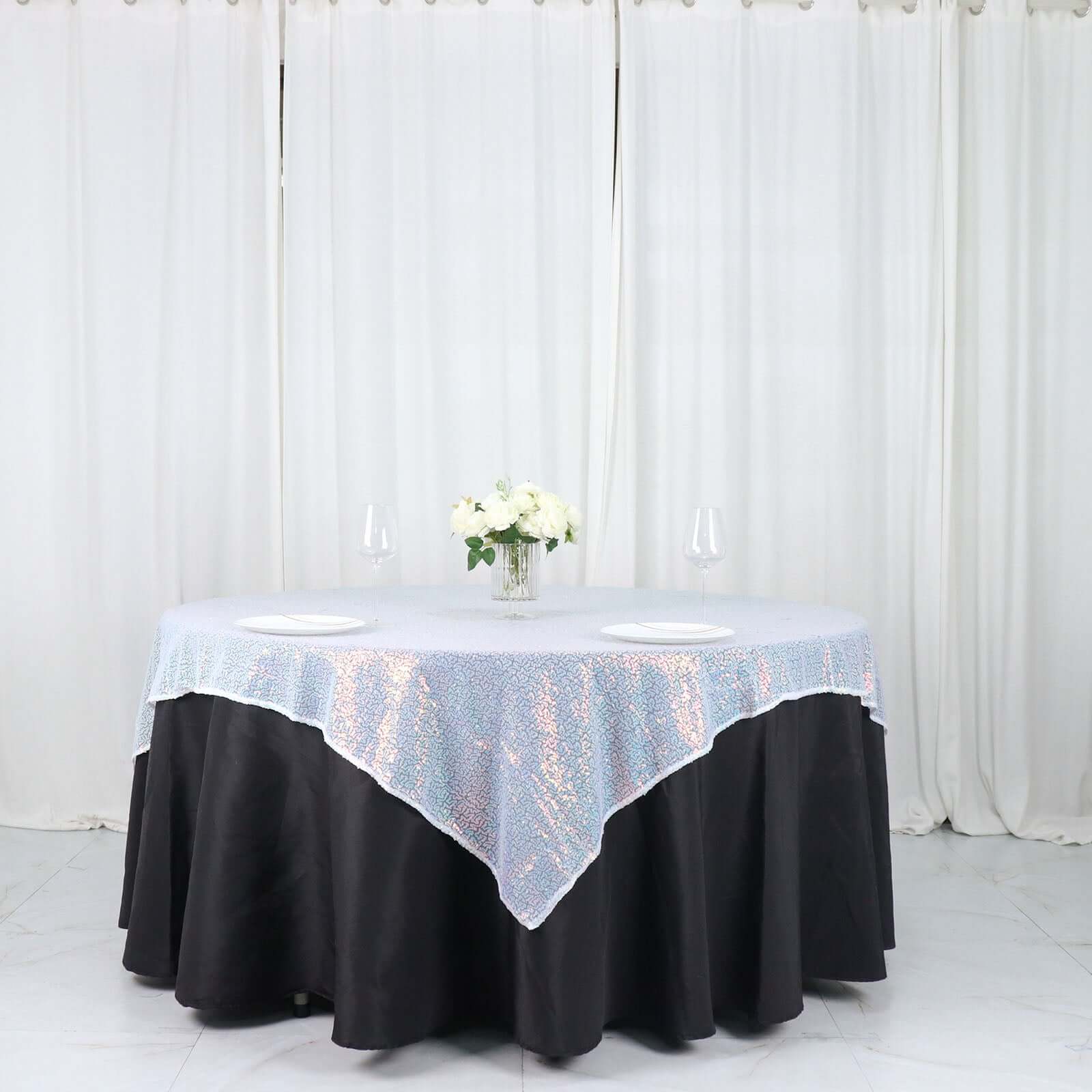 Sequin 60"x60" Table Overlay Square Tablecloth Irisdescent Blue - Luxe Wedding Table Topper