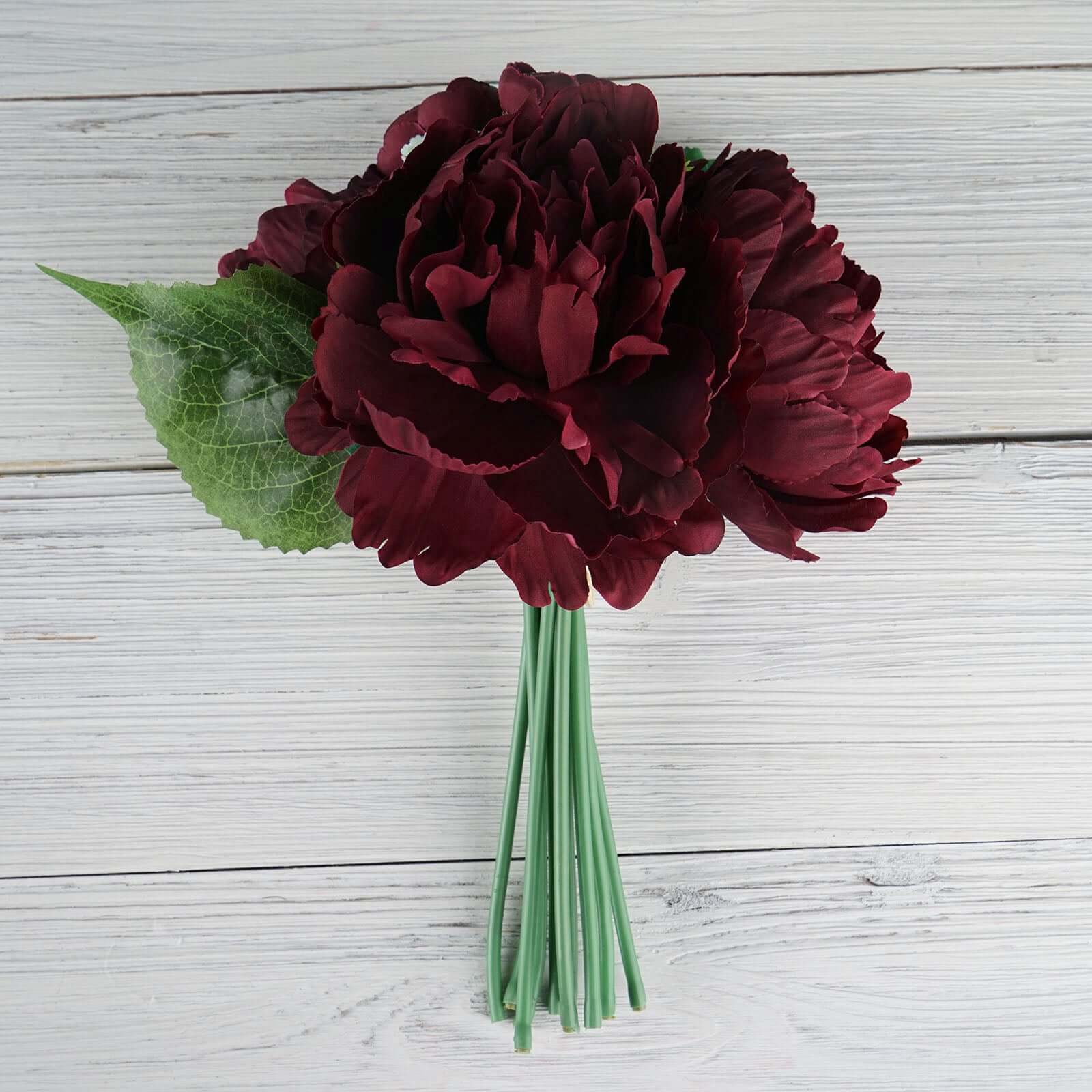 12" Burgundy Artificial Silk Peonies Bouquet, Faux Peony Spray Bush