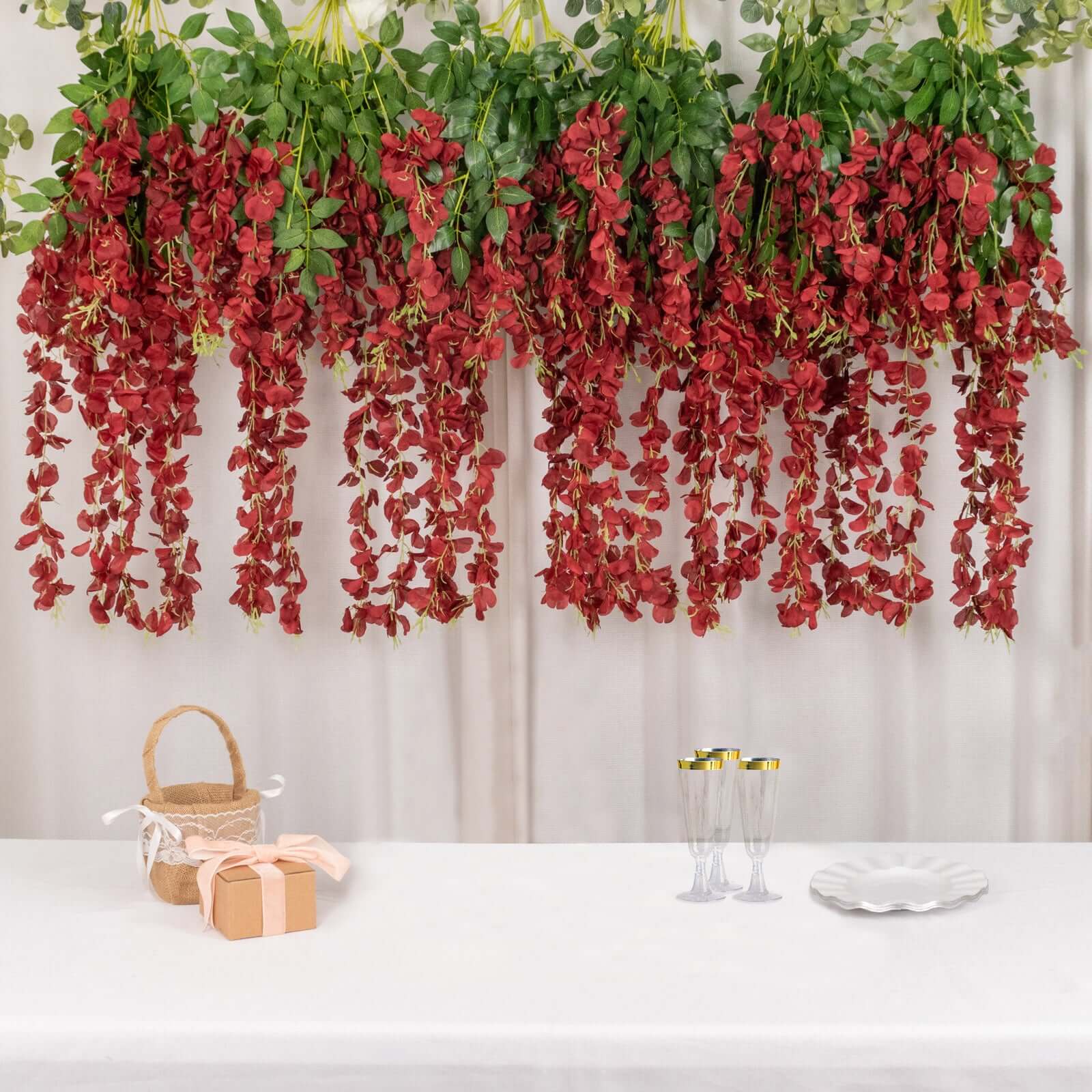 5 Pack 44" Silk Hanging Wisteria Flower Garland Vines in Burgundy, 3 Strands in 1 Bush
