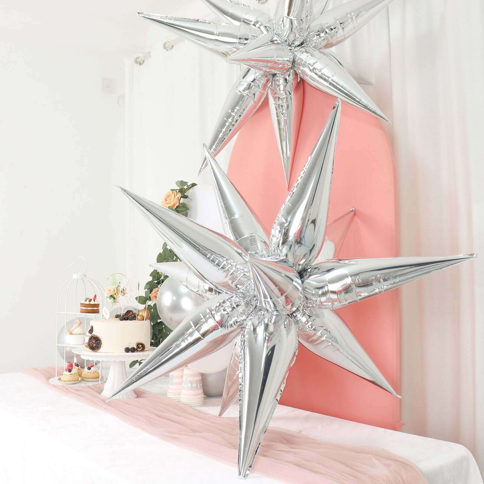 36 Pack Metallic Silver DIY Mylar Foil Starburst Cone Balloons, 3D Explosion Star Party Balloons Kit - Customizable