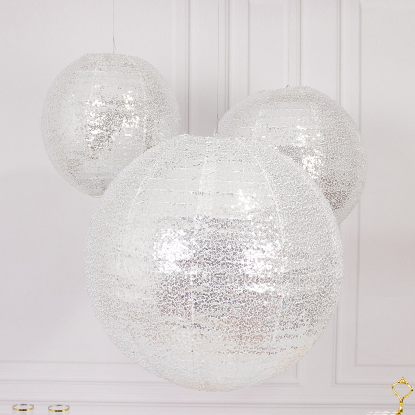 Set of 3 Glitter Silver Sequin Fabric Hanging Lanterns, Large Decorative Round Foldable Chinese Lantern Lampshades - 14",16",20"
