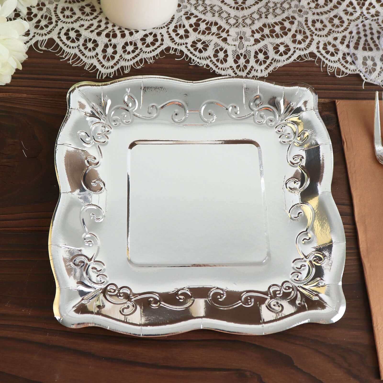 25-Pack Paper 7" Square Dessert Plates in Silver with Vintage Pottery Embossed Design - Shiny Metallic Disposable Appetizer Plates