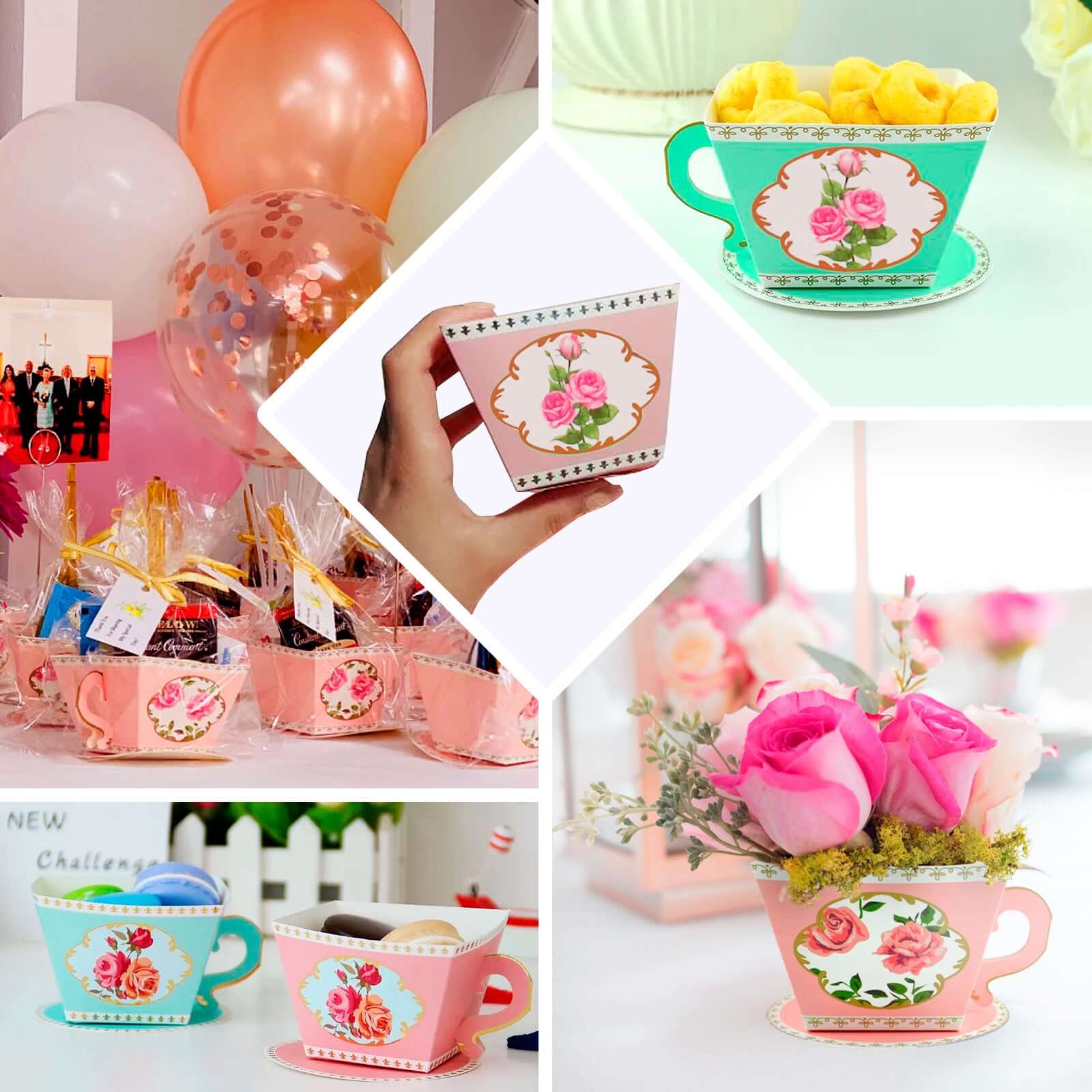 25 Pack Turquoise Mini Teacup and Saucer Party Favor Boxes with Rose Floral Print, Tea Time Candy Boxes - 4"x3"