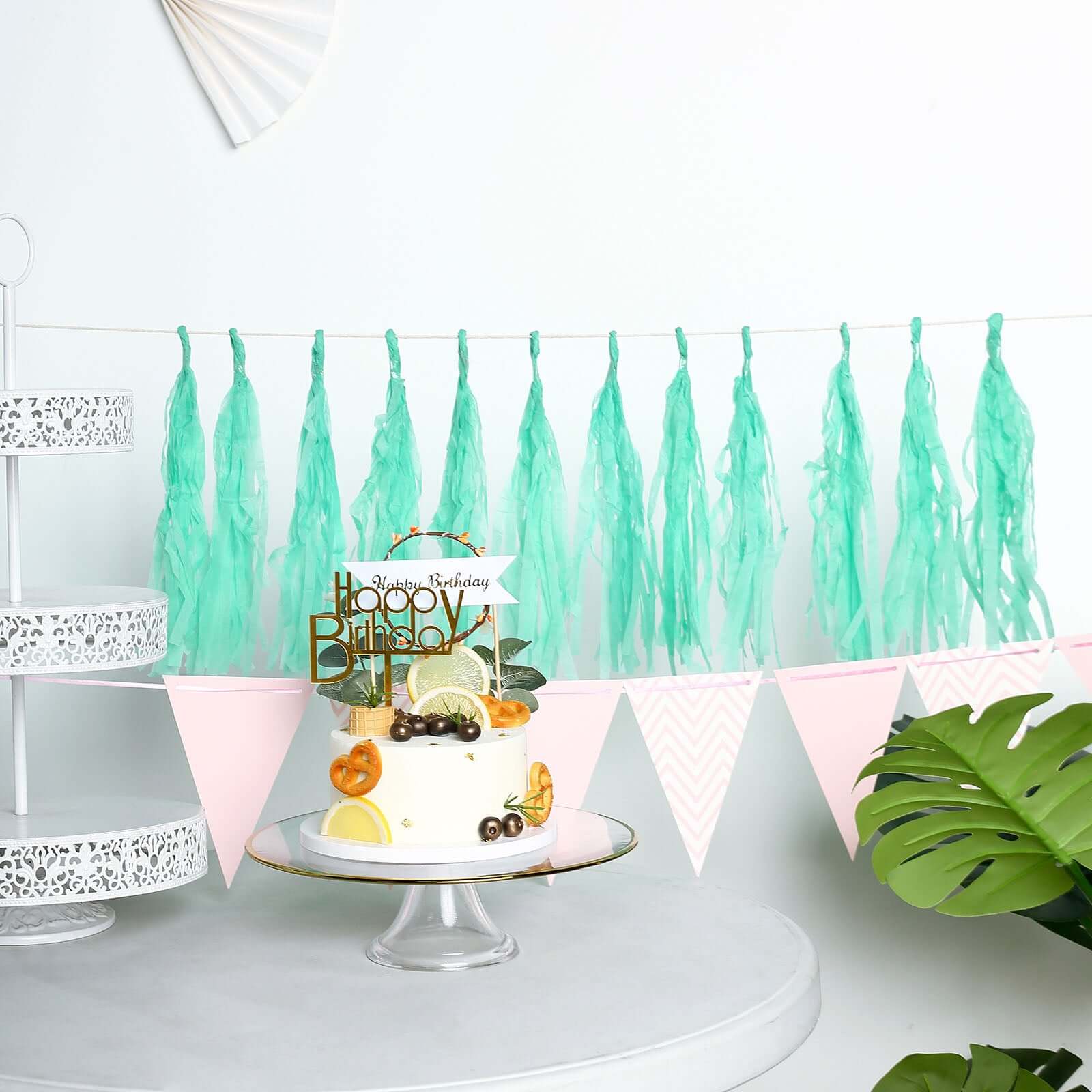12 Pack Pre-Tied Teal Tissue Paper Tassel Garland With String, Hanging Fringe Party Streamer Backdrop Decor