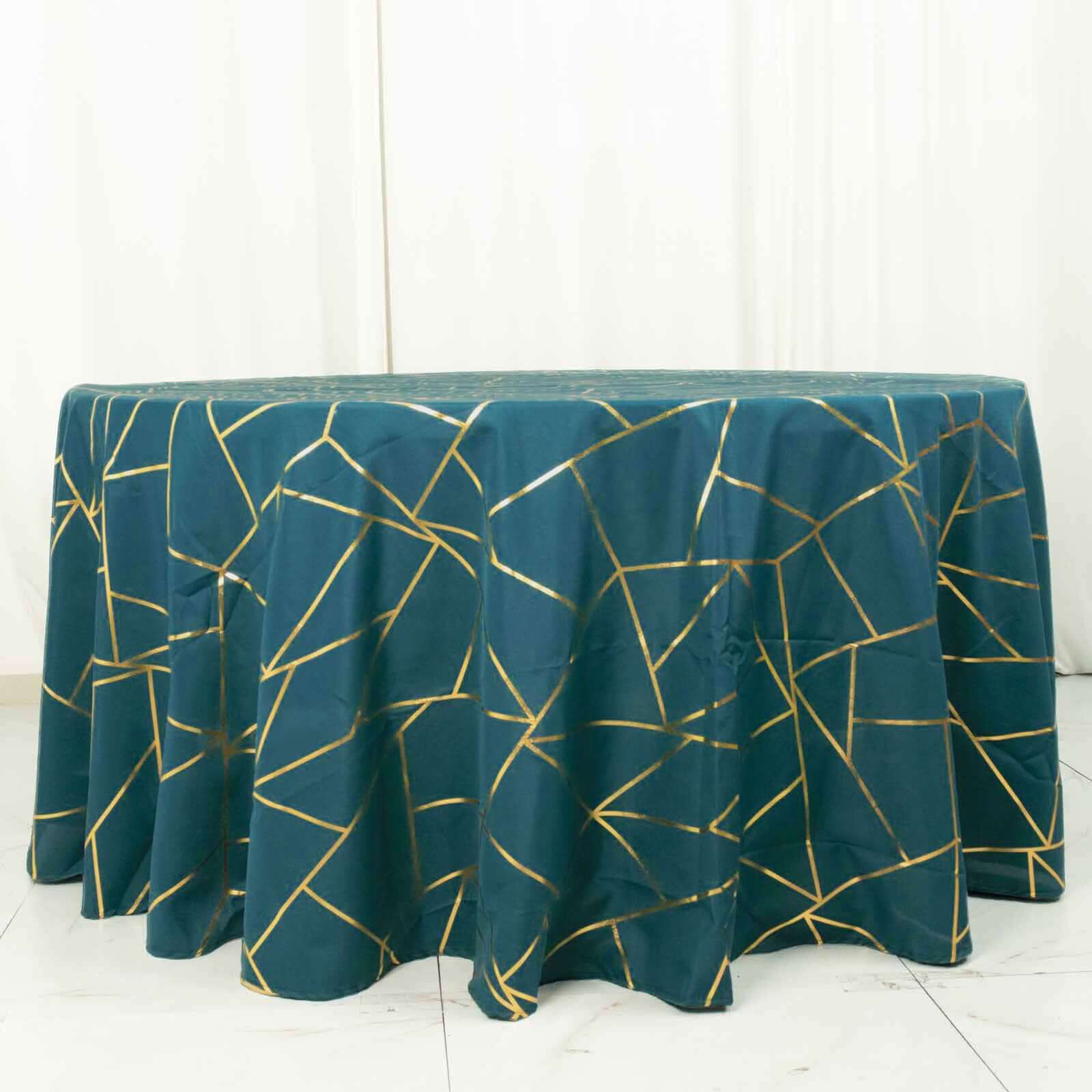 120" Peacock Teal Seamless Round Polyester Tablecloth With Gold Foil Geometric Pattern for 5 Foot Table With Floor-Length Drop