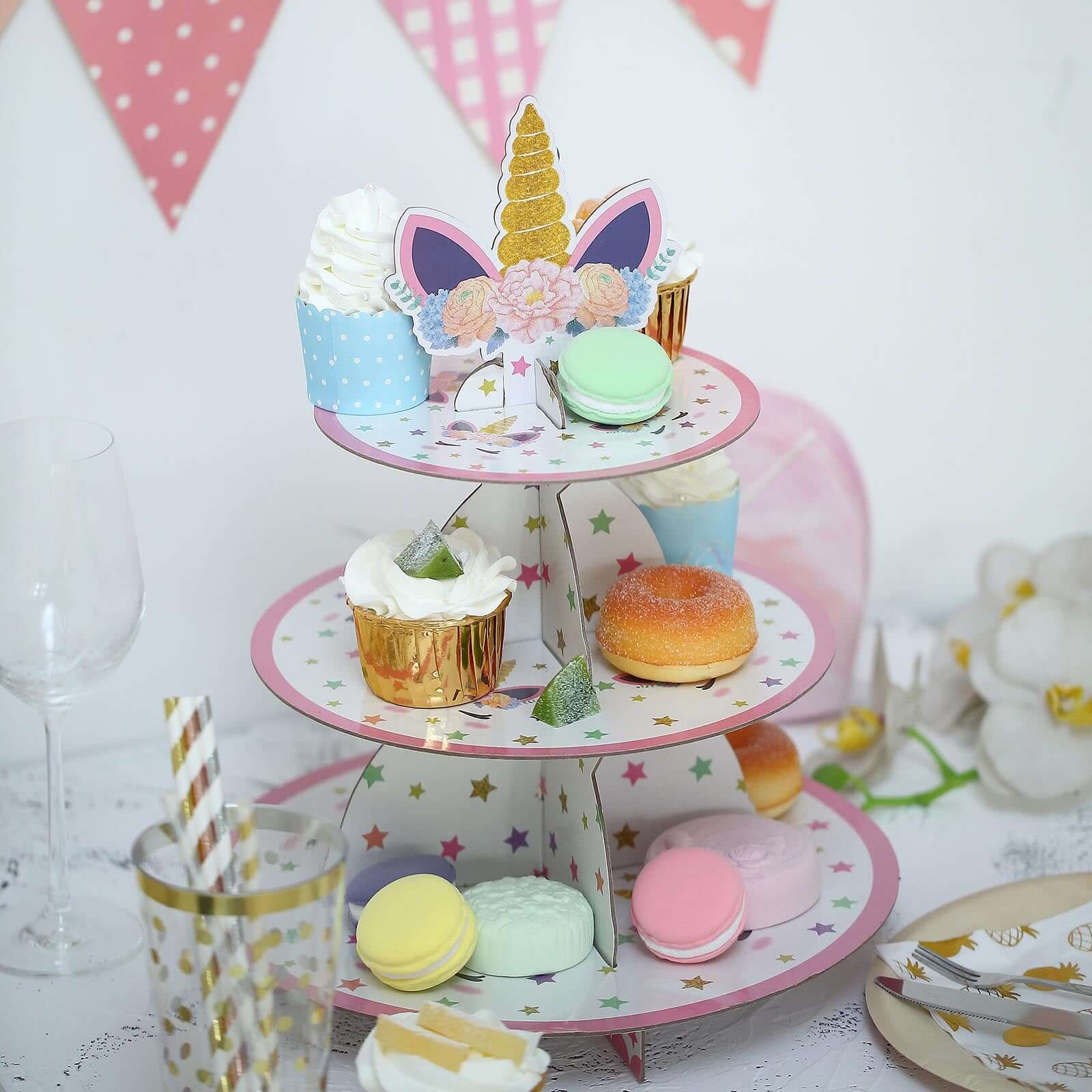 3-Tier Cardboard Cupcake Dessert Stand - Stable Treat Tower Display Holder for Unicorn Themed Girls Birthday Baby Shower Party Decor 15"