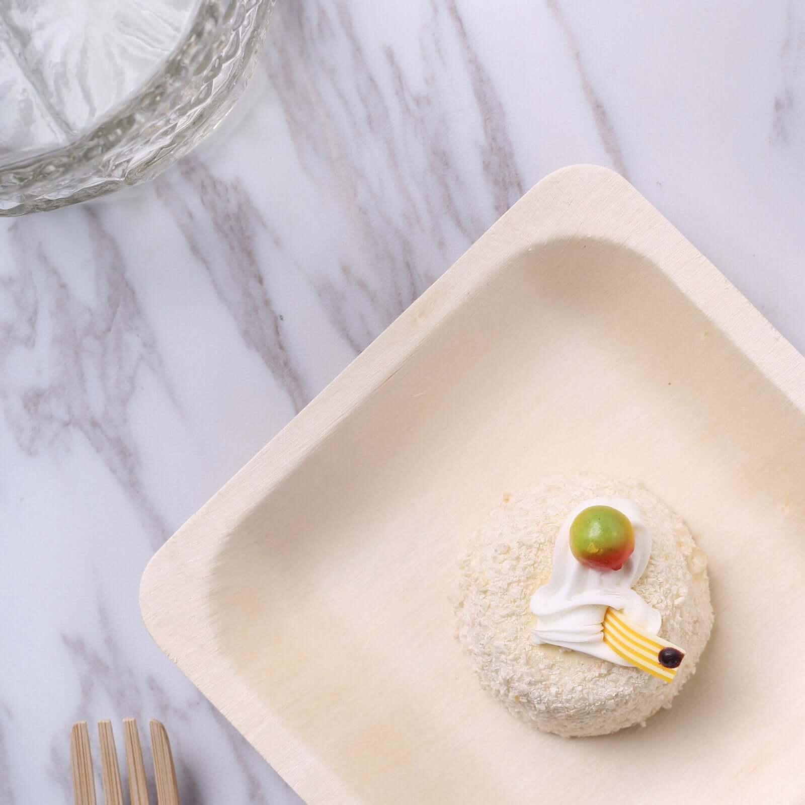 25 Pack 6" Square Eco Friendly Birchwood Wooden Dessert, Appetizer Plates