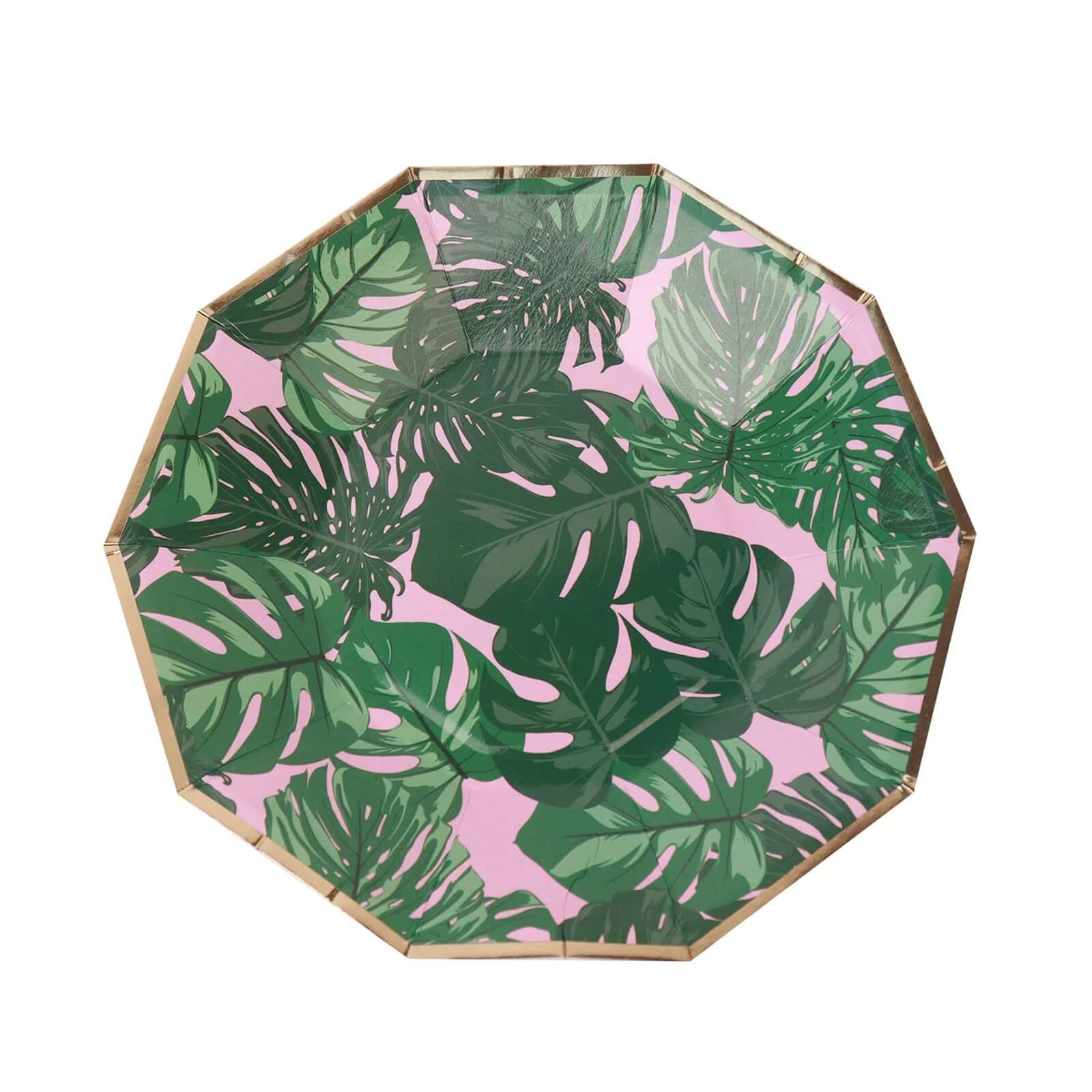 25-Pack Paper 7" Decagon Dessert Plates in Pink with Green Tropical Palm Leaves & Gold Rim - Disposable Geometric Appetizer Salad Plates for Boho Chic & Jungle Themed Events