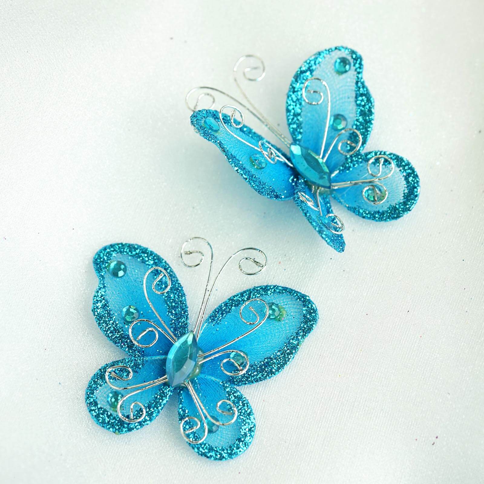 12 Pack 2" Turquoise Diamond Studded Wired Organza Butterflies