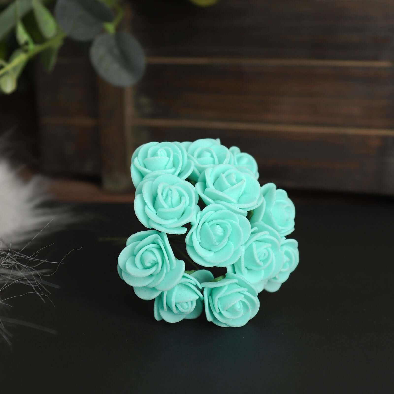 48 Roses 1" Turquoise Real Touch Artificial DIY Foam Rose Flowers With Stem, Craft Rose Buds