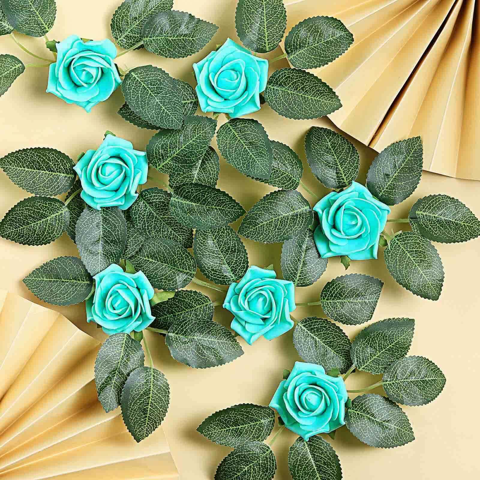 24 Roses 2" Turquoise Artificial Foam Flowers With Stem Wire and Leaves