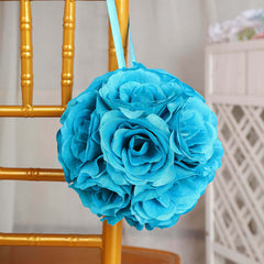 2 Pack 7" Turquoise Artificial Silk Rose Kissing Ball, Faux Flower Ball