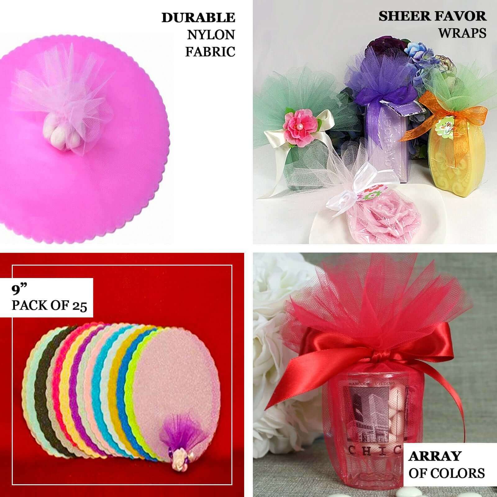 25 Pack 9" Violet Amethyst Sheer Nylon Tulle Circles Favor Wrap Craft Fabric, DIY Candy Favor Wraps