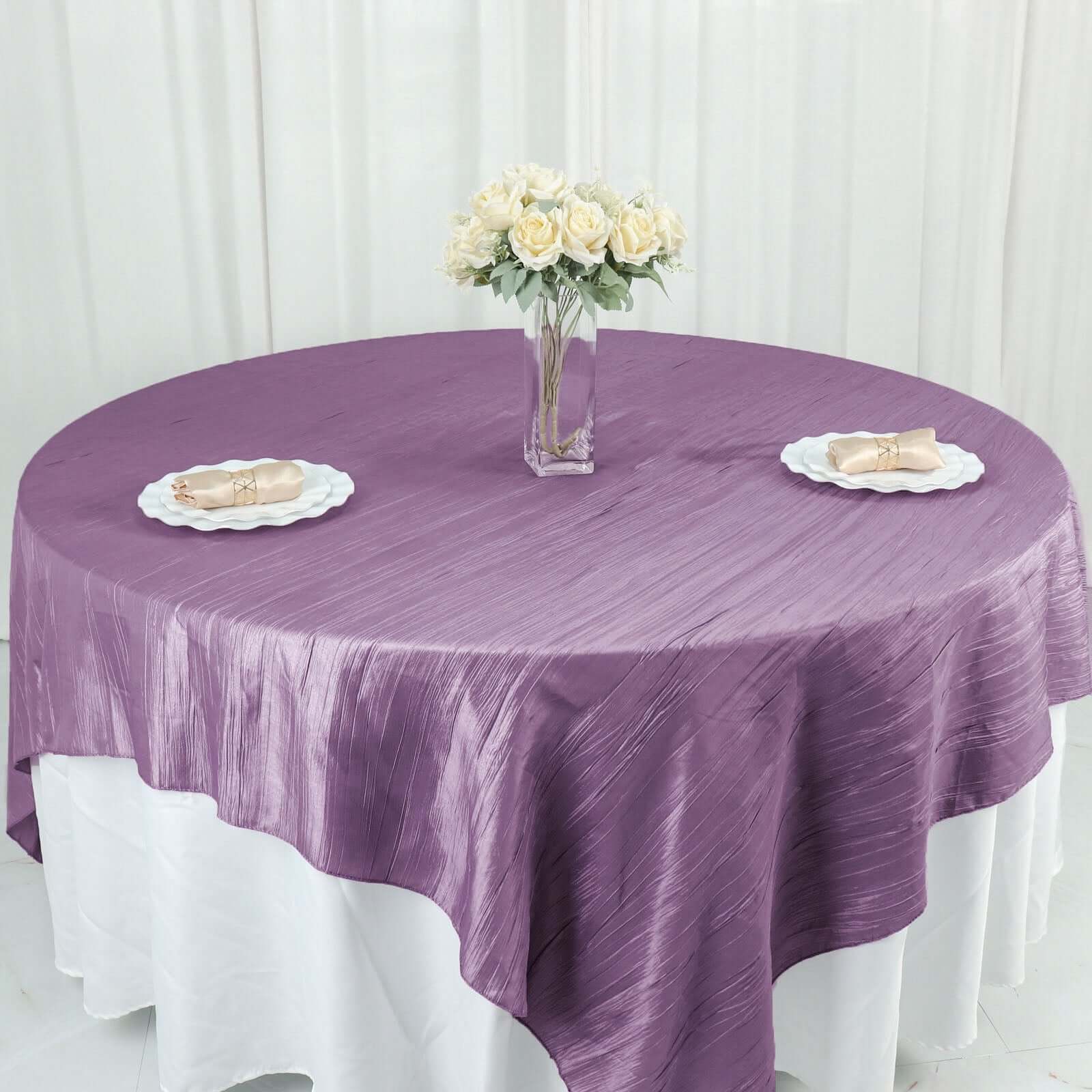 Taffeta 90"x90" Table Overlay Square Tablecloth Violet Amethyst - Accordion Crinkle Table Cover