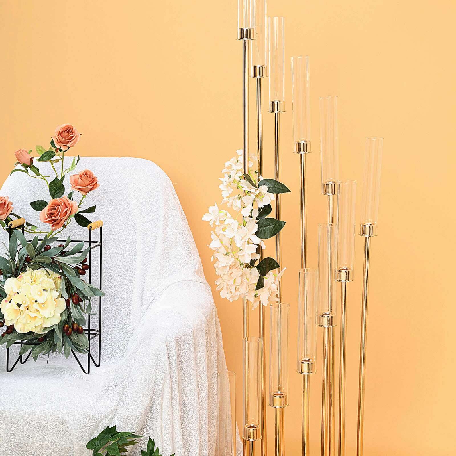 12-Arm Cluster Taper Candle Holder Gold with Clear Glass Shades - Grand Candle Arrangement for Events 57"