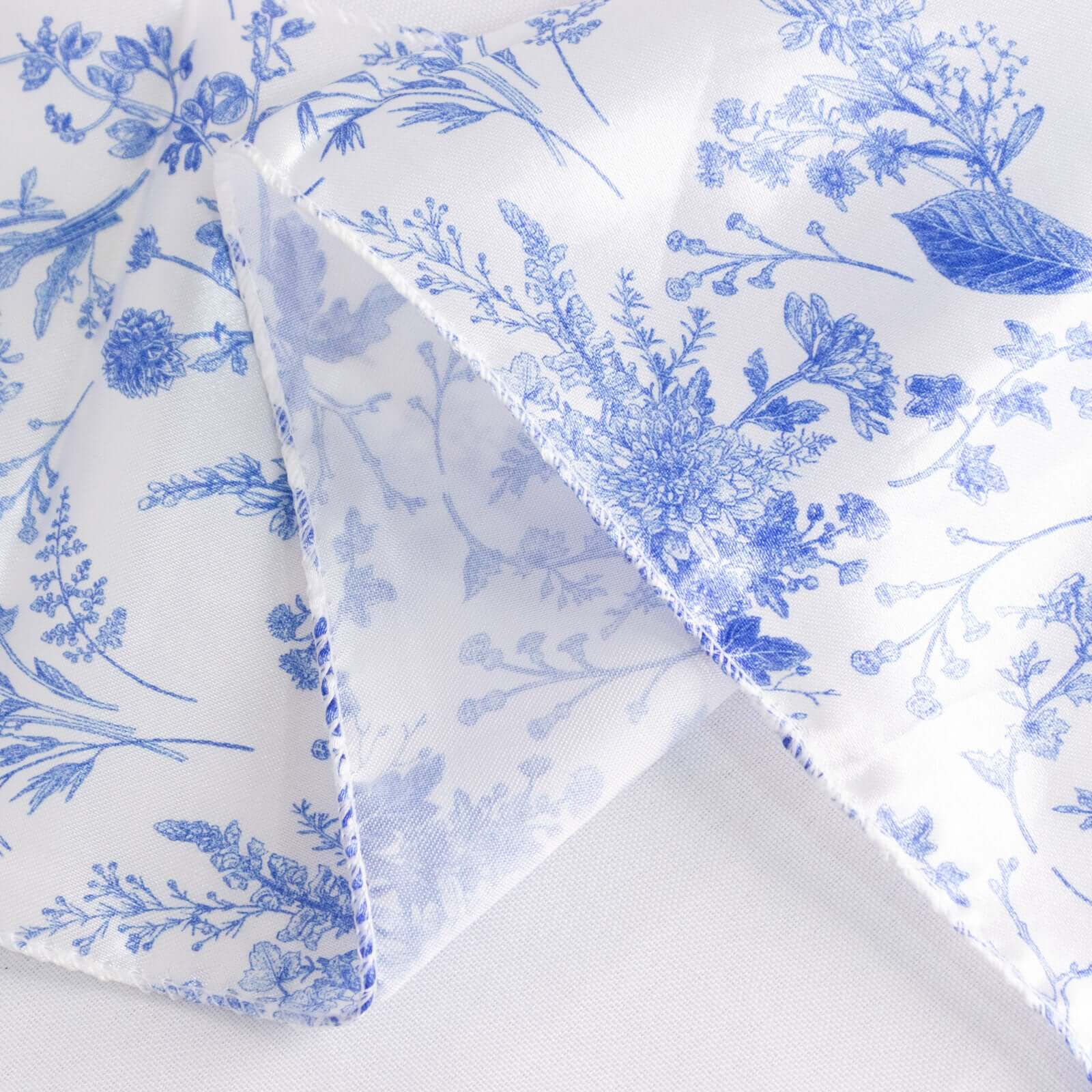 Satin Round 90"x156" Tablecloth White/Blue French Toile Design - Seamless Stylish & Wrinkle-Resistant Table Cover