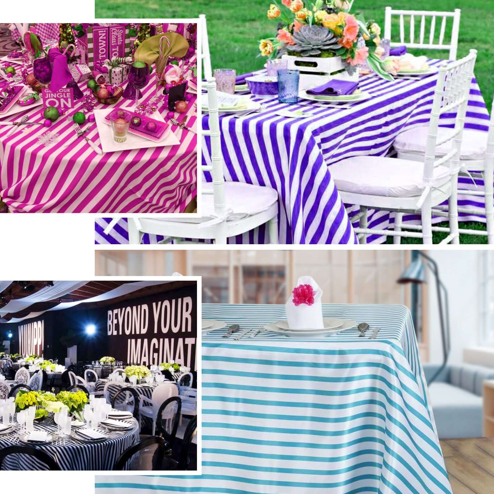 Satin 60"x102" Rectangle Tablecloth White/Fuchsia - Stripe Design with Silky Smooth Finish Table Cover