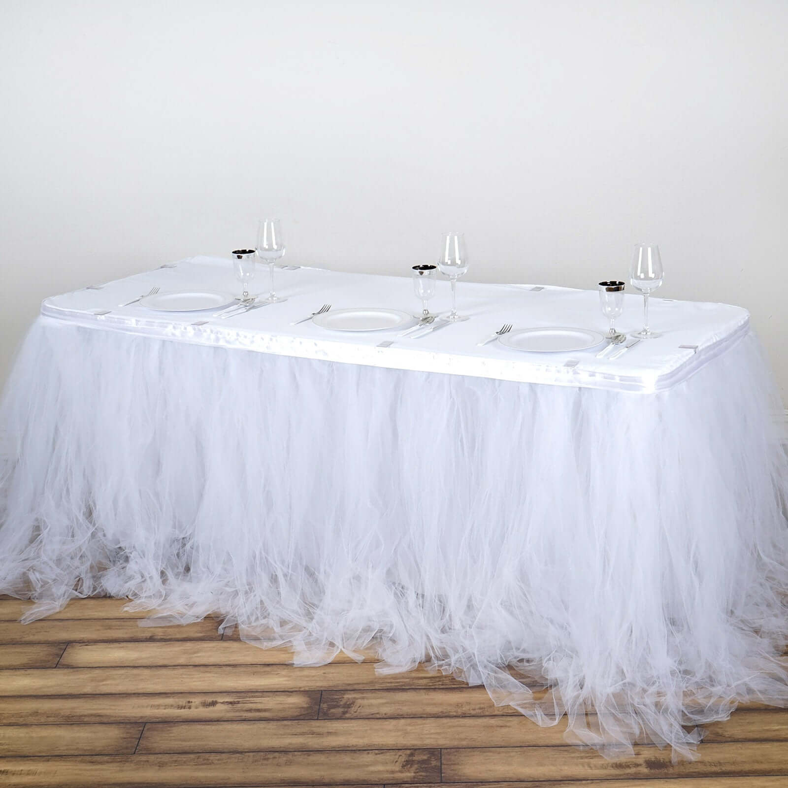 Tulle 21ft Table Skirt White - 4 Layer Pleated Tutu Chic & Soft Event Table Cover