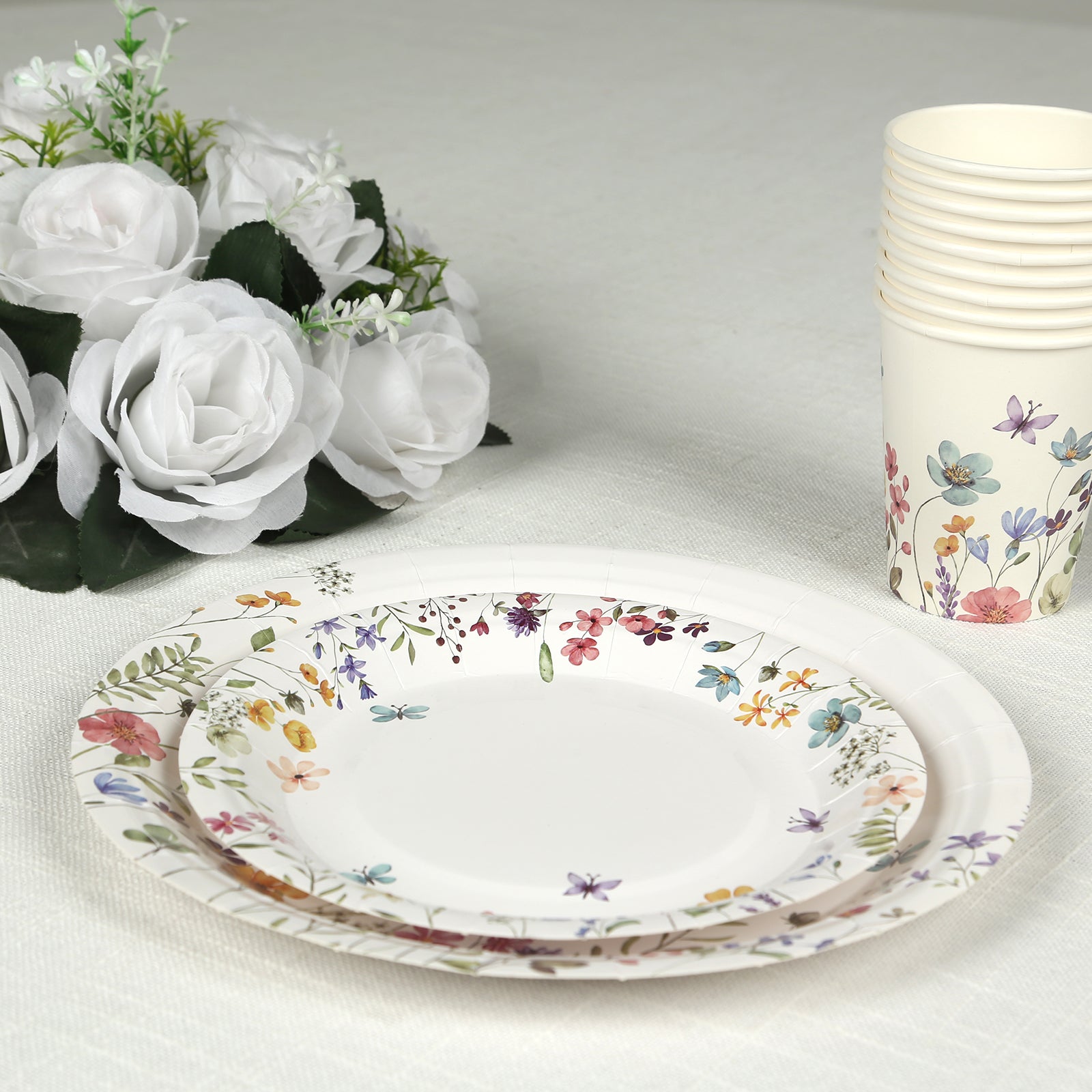 72 Pcs Paper Plates and Cups Set in White with Wildflower Butterfly Print - Disposable Party Supplies for Spring & Garden Themes