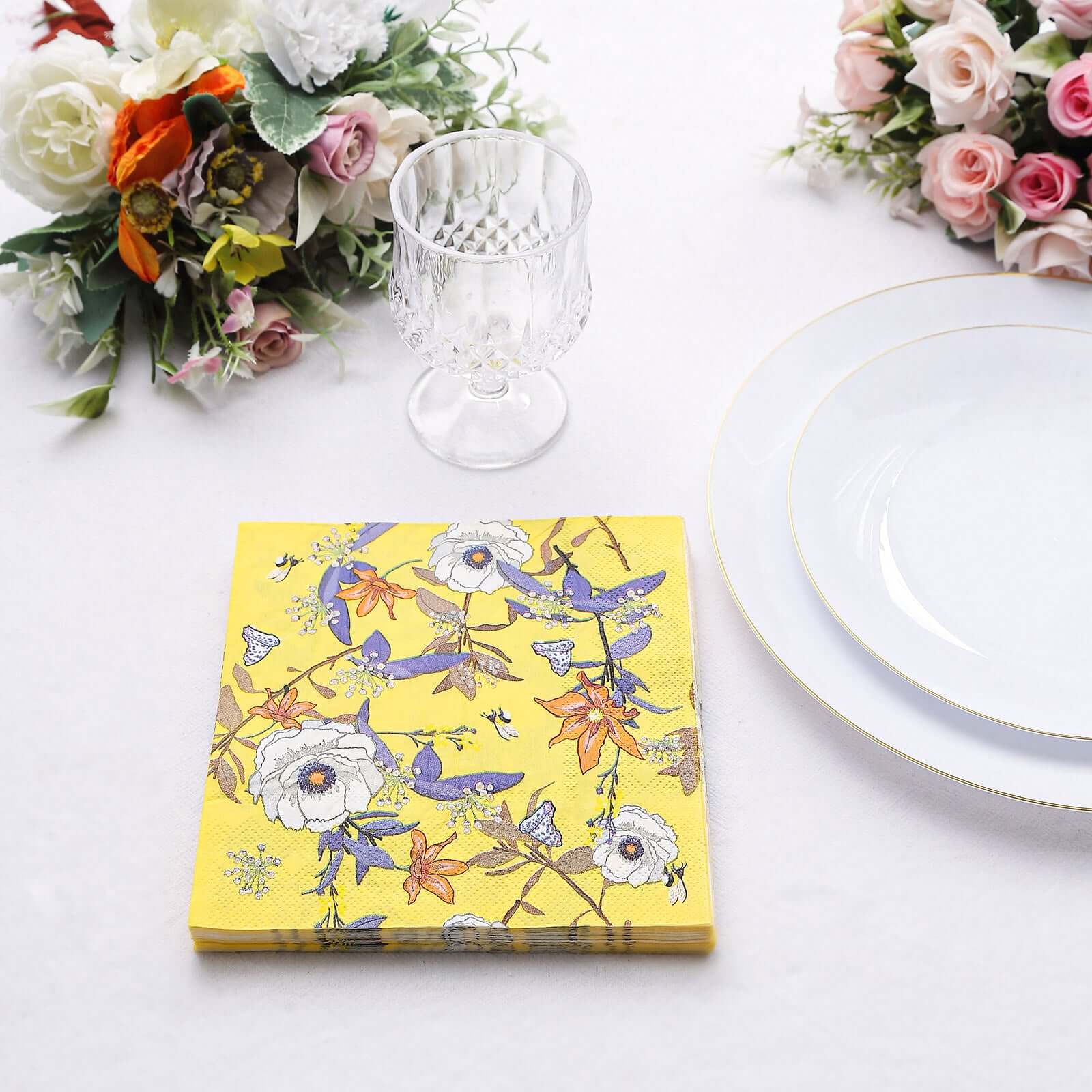 50-Pack Paper Beverage Napkins with Blooming Flowers Design Yellow - 2 Ply Soft 18GSM Floral Wedding Napkins 6.5"x6.5"