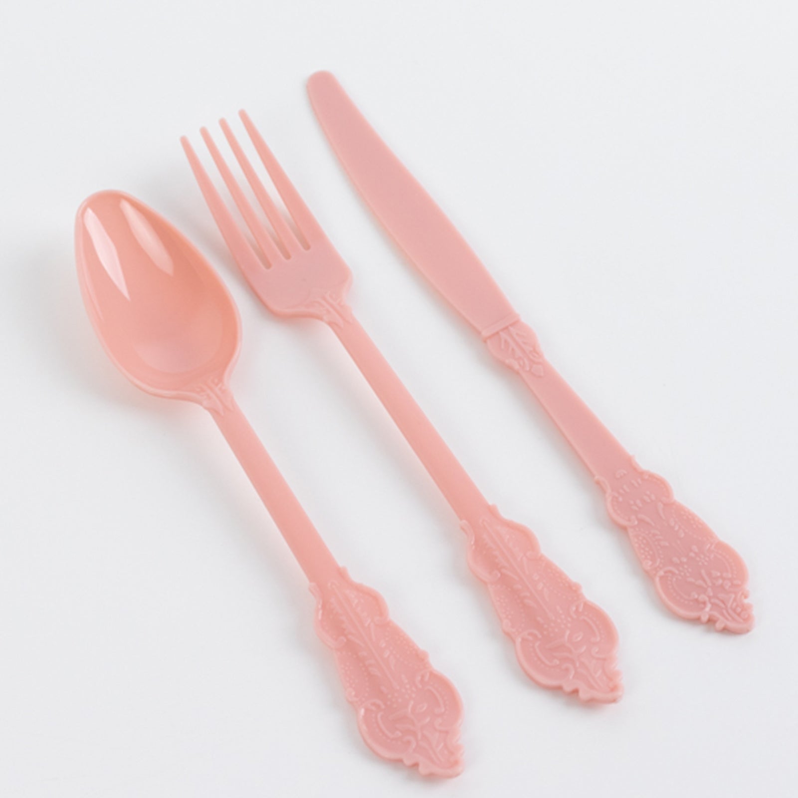 72 Pcs Plastic Silverware Set in Baroque Style Dusty Rose - Heavy Duty Disposable Knife, Fork, and Spoon Set