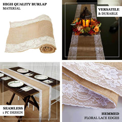 Burlap Jute 14"x104" Table Runner Natural With White Lace Trim Edges - Rustic Vintage Tabletop Decor