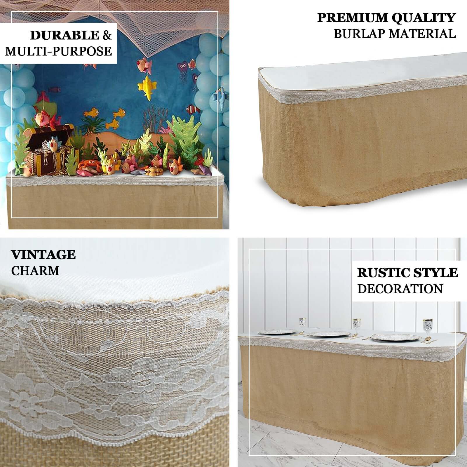 Burlap Jute 14ft Table Skirt Natural with Laced Edges - Rustic Vintage Event Table Linen