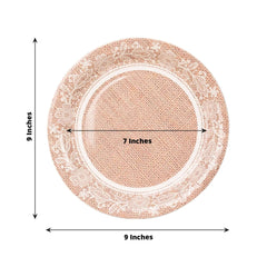 25-Pack Paper 9" Round Dinner Plates in Natural Burlap Print with White Floral Lace Rim - Rustic Farmhouse Inspired Disposable Party Plates