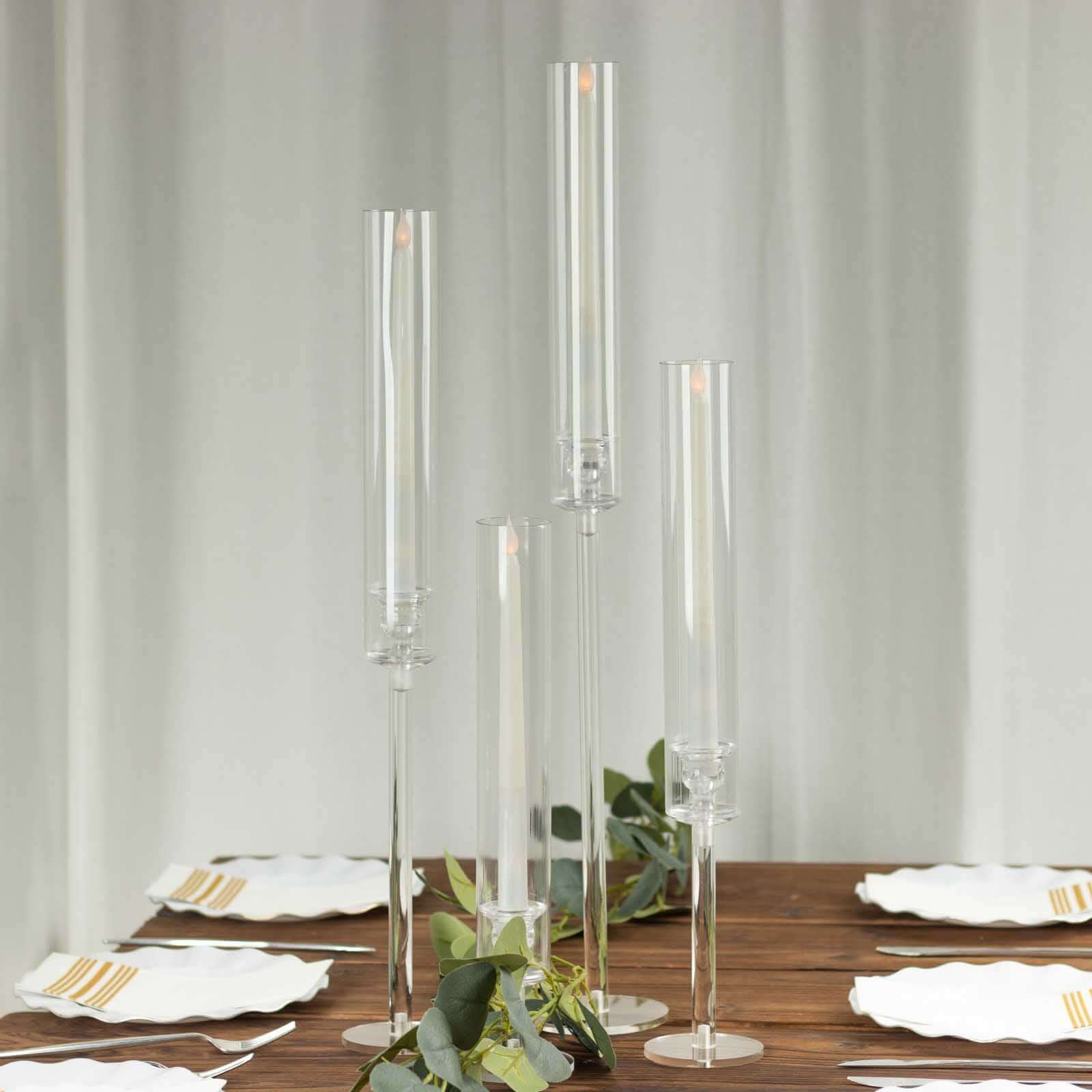 Set of 4 Acrylic Taper Candlestick Holders, Clear Tall Chimney Tube Candle Shades Hurricane Candle Stands 14", 18", 22", 26"