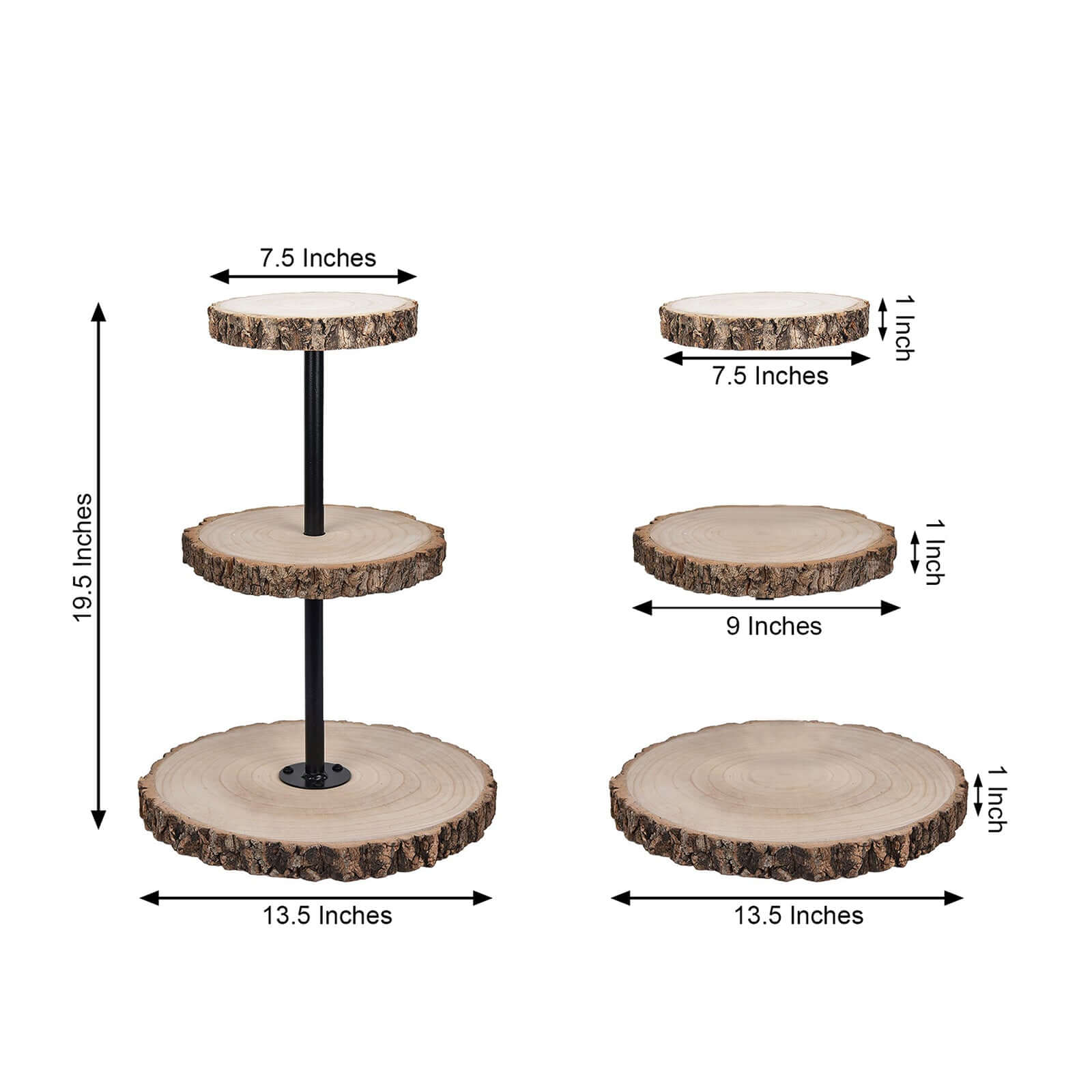 3-Tier Wooden Cheese Board Stand Tower Design Natural Wood Slice - Rustic Cupcake Centerpiece with Assembly Tools 19"