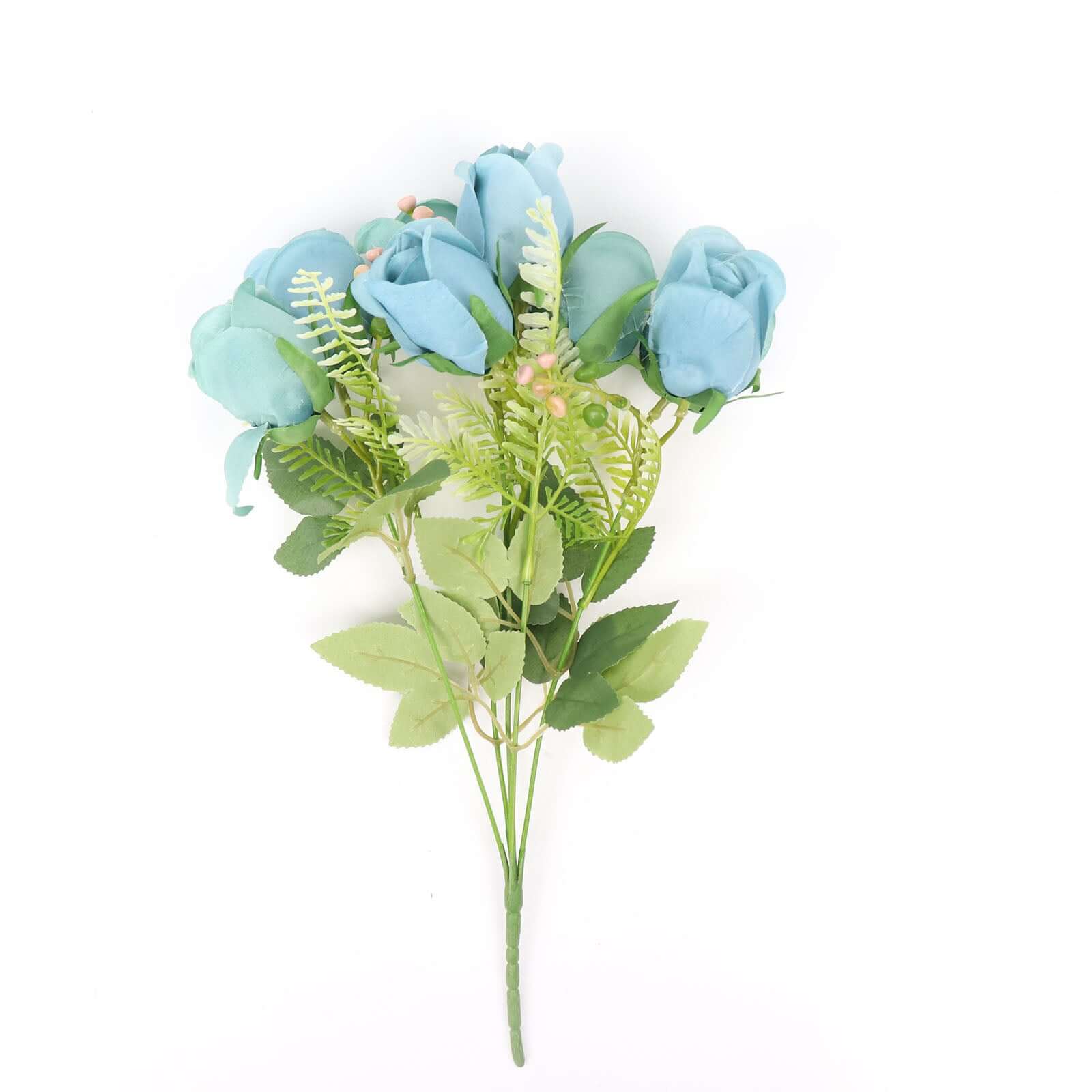 3 Pack 13" Dusty Blue Real Touch Silk Rose Bud Flower Bridal Bouquets, Artificial Floral Bush Arrangements
