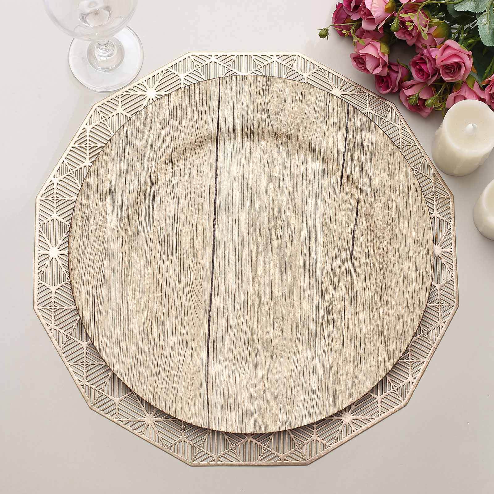 6-Pack Plastic Round Charger Plates 13" in Natural with Faux Wood Finish, Rustic Boho Chic Dinner Party Charger Tableware
