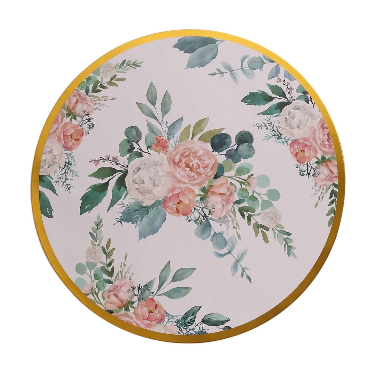 6-Pack Disposable Charger Plates in Floral Print 13" in White/Pink with Gold Rim - 700GSM Paper Chargers for Stylish & Easy Cleanup