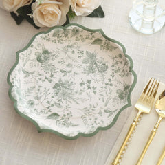 25-Pack Paper 10" Round Dinner Plates in White with Sage Green French Toile Design & Scalloped Rim - Disposable 300GSM Party Plates for Classy Events & Special Occasions