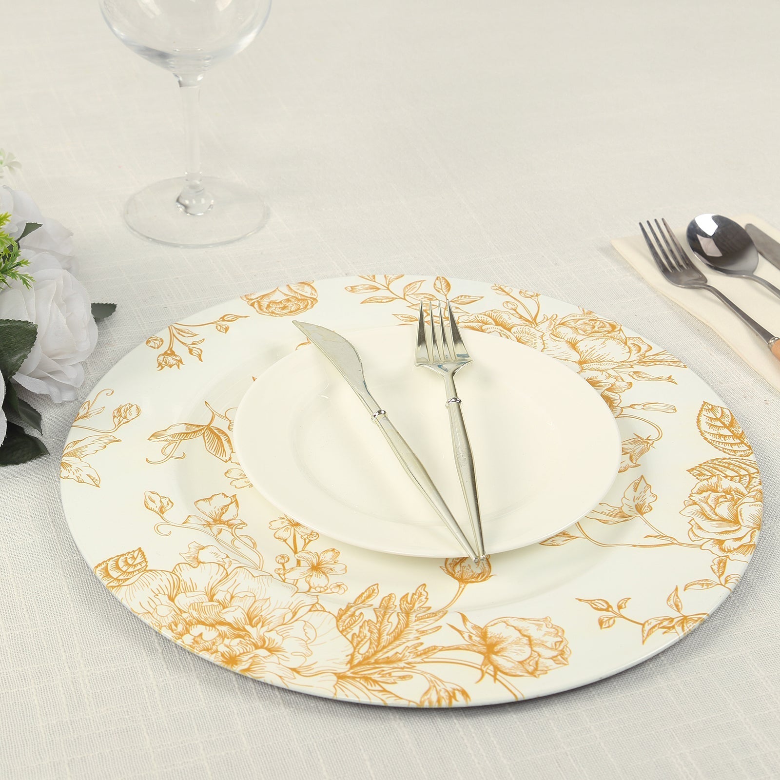 6-Pack Acrylic Round Charger Plates 13" in White with Gold Floral French Toile Pattern, Decorative Dinner Party Charger Tableware