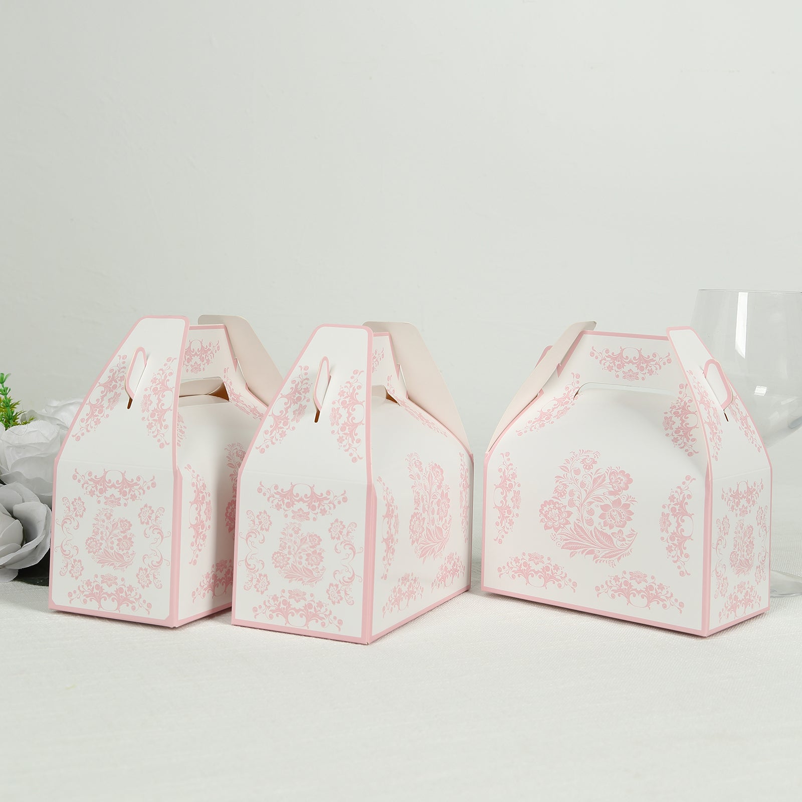 25 Pack White Pink Candy Gift Tote Gable Boxes in Damask Floral Pattern, Party Favor Treat Boxes - 6"x3.5"x7"