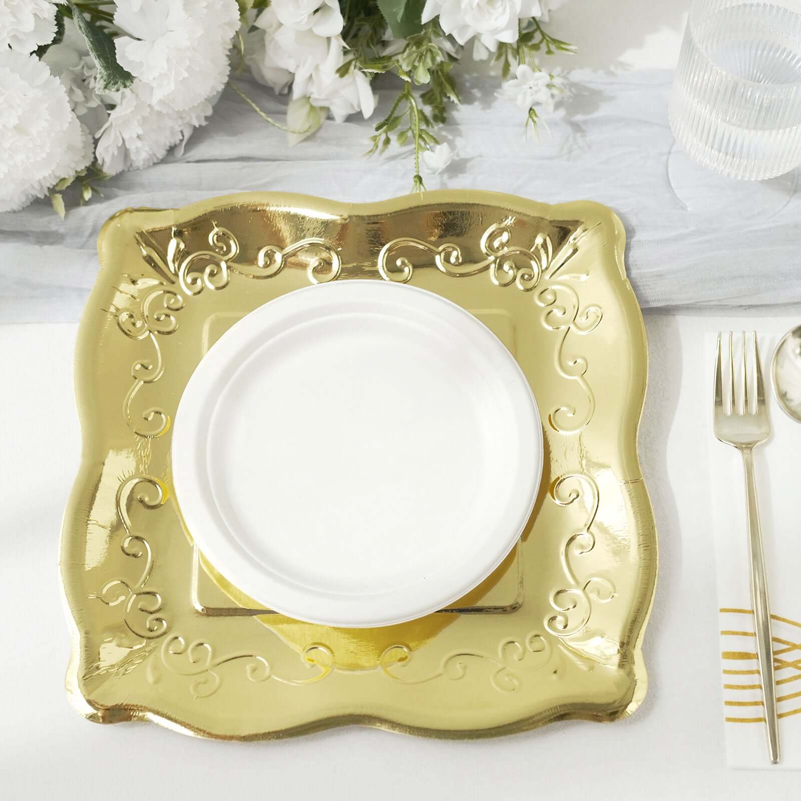 25-Pack Paper 11" Square Dinner Plates in Gold with Vintage Pottery Embossed Design - Shiny Metallic Disposable Serving Plates for Glamorous Dinners & Events