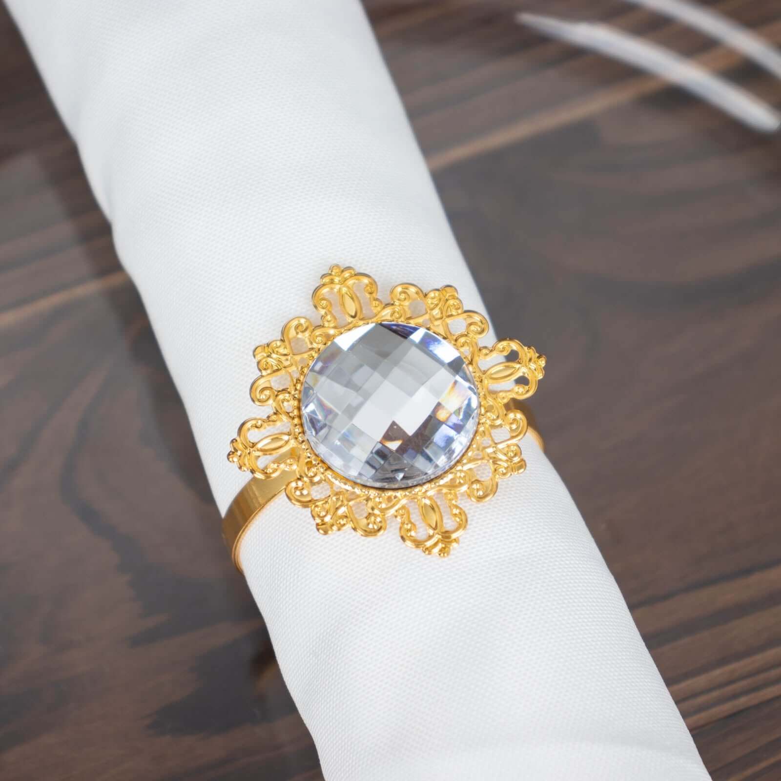 6 Pack 2" Gold Metal Clear Crystal Rhinestone Napkin Rings, Diamond Bling Napkin Holders