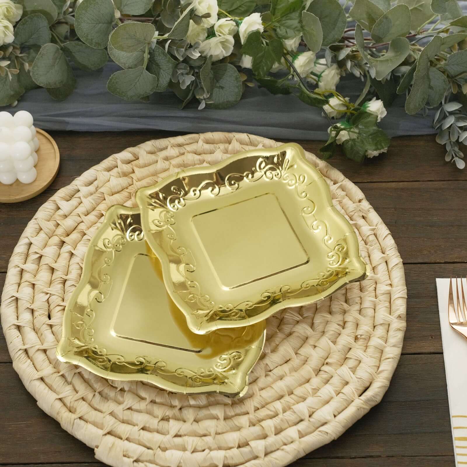 25-Pack Paper 7" Square Dessert Plates in Gold with Vintage Pottery Embossed Design - Shiny Metallic Disposable Appetizer Plates for Luxe Gatherings & Celebrations