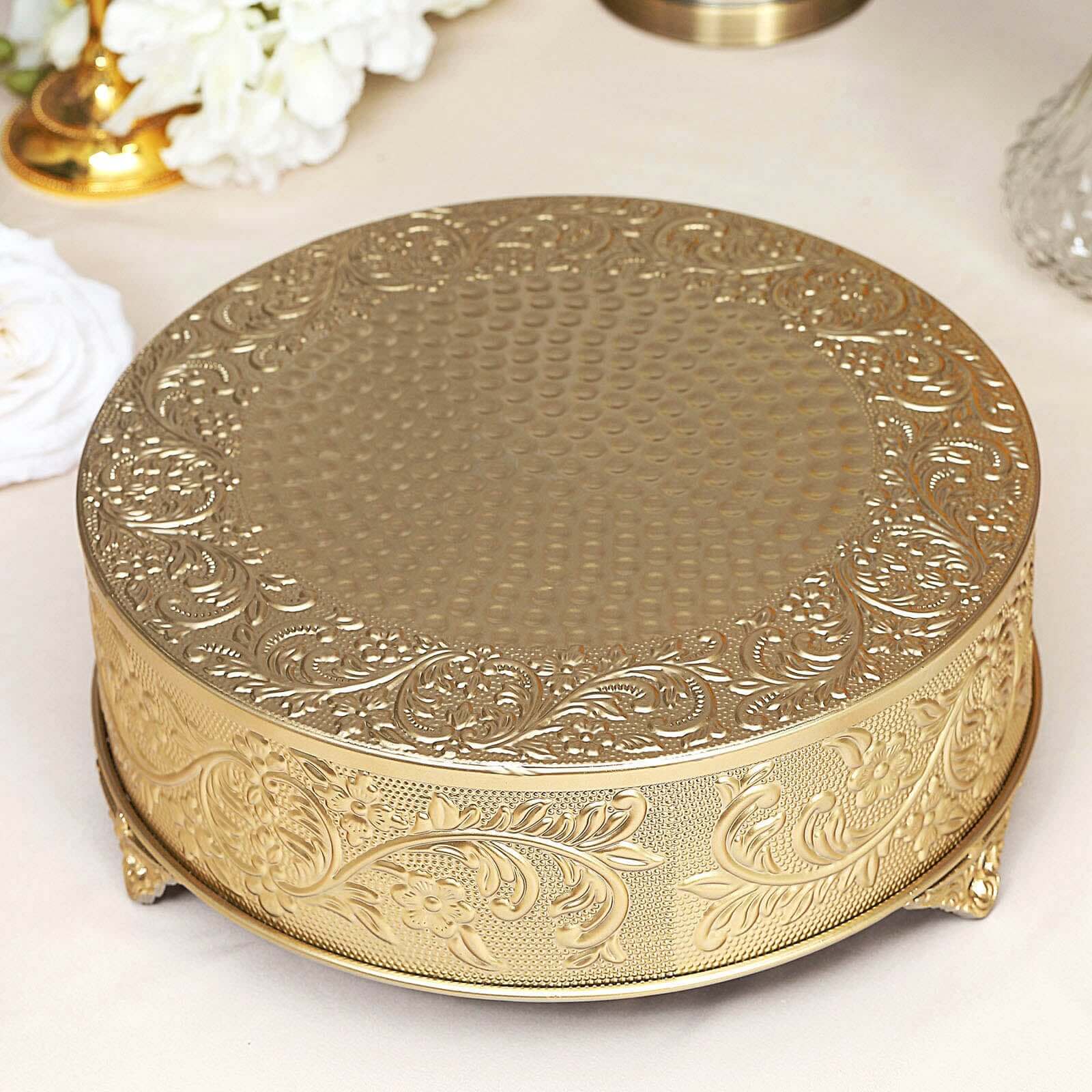 Metal 14" Round Cake Pedestal Stand Matte Gold - Cupcake Dessert Display Riser with Intricate Embossed Design for Upscale Events & Gatherings